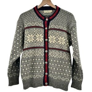 Vintage 80s L.L. Bean Wool Sweater Button Front Cardigan Fair Isle Gray USA | M